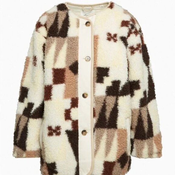Aritzia Wilfred Free River Faux Sherpa Teddy Jacket Geometric Brown Cream XS - Picture 4 of 10